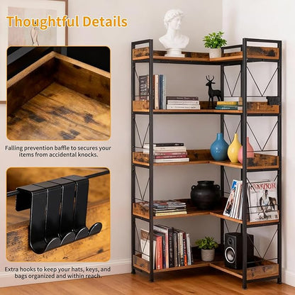 DUMOS 65 inch L Shaped Bookshelf, 5 Tier Corner Bookcase with Hooks and Edge, Industrial Pantry Shelves with Metal Frame, Wooden Open Storage for Living Room, Home Office, Bedroom, Rustic Brown