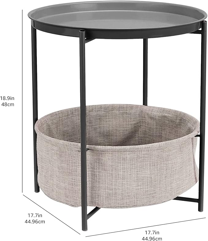 Amazon Basics Round End Table, Charcoal/Heather Gray, 17.7 x 17.7 x 18.9 in | Side Table, with Cloth Basket, Storage