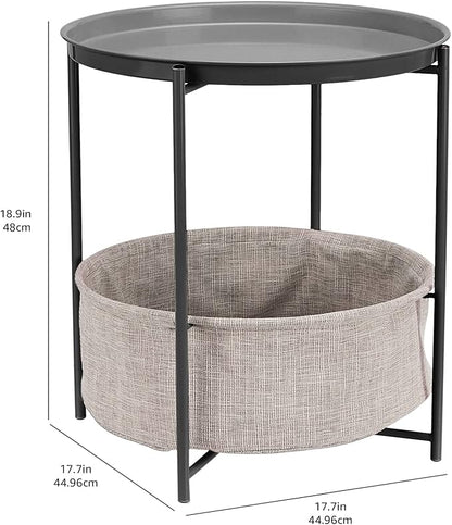Amazon Basics Round End Table, Charcoal/Heather Gray, 17.7 x 17.7 x 18.9 in | Side Table, with Cloth Basket, Storage