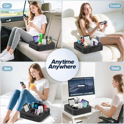Couch Cup Holder Pillow, Sofa and Bed Caddy for iPad, Kindle, Switch, Game Controller, Remotes, Phones, Small-Sized Cup and Drink Holder for Couch, Bed, Desk, Car, Beach, Bathroom Cup Holder, Black