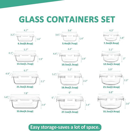 KOMUEE 24 Pieces Glass Food Storage Containers Set, Meal Prep Containers, BPA-Free Airtight Glass Storage Containers with lids,Freezer, Microwave and Oven Safe,White