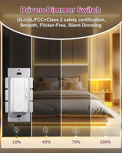 Dimmer Light Switch & 12V 60W Dimmable LED Driver 2 in 1, UL Listed Single-Pole or 3-Way Slide Dimmer Switches for Led Strip Lights,120VAC to 12VDC Power Supply for Low Voltage Project, Glossy White