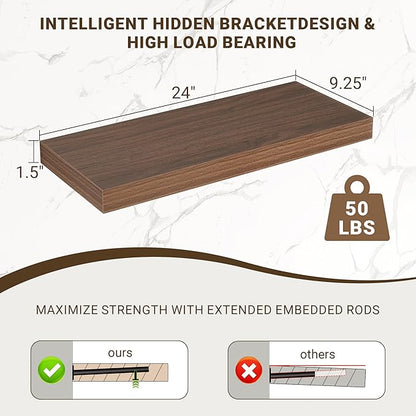 Acovy 24 Inch Floating Shelves, 24"x9.25"x1.5" Inch Deep Floating Shelves for Wall, Wooden Shelves for Bathroom, Bedroom, Living Room, Walnut, 2 Pieces