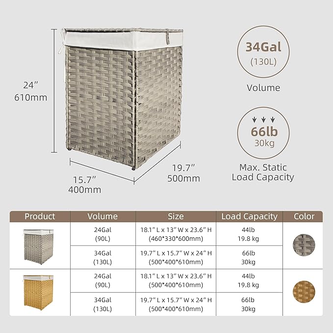 Woven Laundry Hamper with Lid,34 Gal(130 L) Rattan Wicker Laundry Basket 2 Sections with Lid, Removable Machine Washable Line, Large Clothes Hamper with Handles for Bathroom Bedroom, Gray