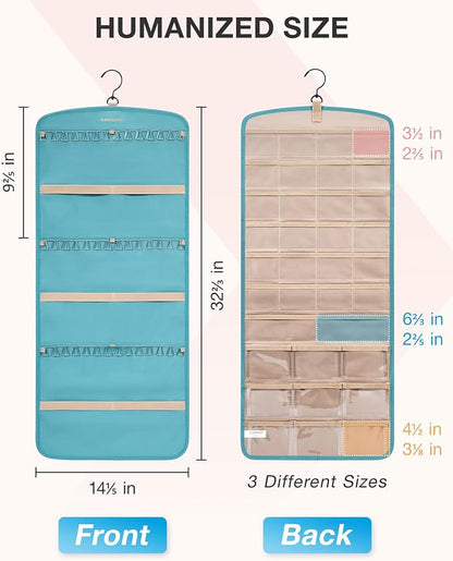 BAGSMART Hanging Jewelry Organizer, Necklace Holder Anti-tangle Earrings Rings Hanger with 20 Jewelry Bags Travel Storage Roll with Pockets Hang on Closet, Wall, Door,1 Piece, Large, Teal