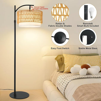 Bohemian Rattan Floor Lamp for Living Room - Black Arc Design, 12W LED (1 in use + 1 Spare), Remote & Dimmable 3 - Color Temp, Tall Standing Lamp