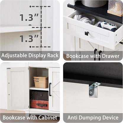 72in Tall Bookshelf 7 Tier Bookcase with Drawer and Barn Doors and Adjustable Shelves, White Farmhouse Book Shelf with Storage Cabinet, Wood Freestanding Display Bookshelves for Living Room