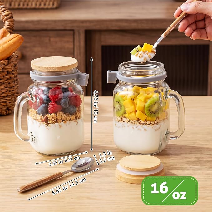 Newtay 4 Pack 16oz Overnight Oats Container with Lids and Spoon, Airtight Glass Mason Jar with Handles for Chia Pudding Milk Cereal Meal Prep Yogurt Food Storage, Microwave Freezer and Dishwasher Safe