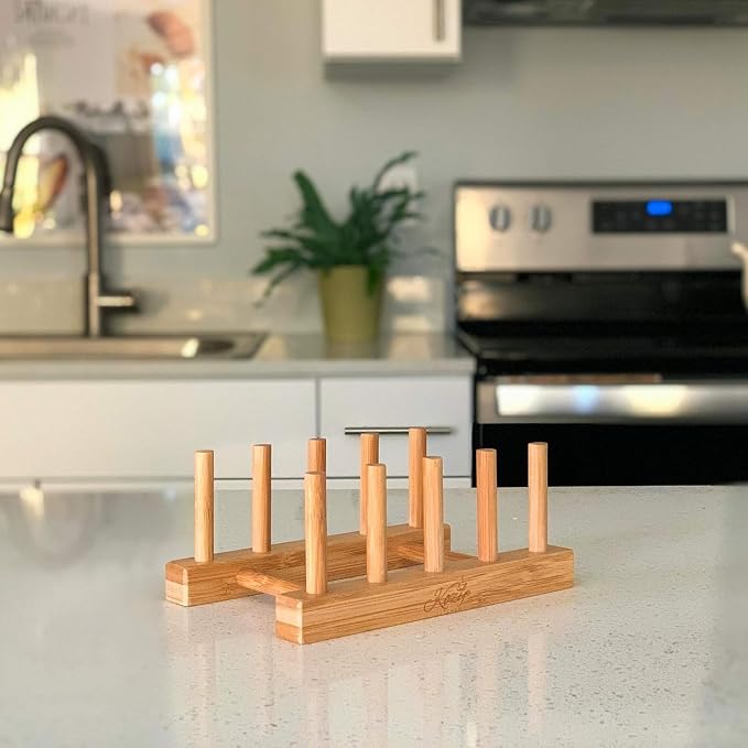 Pot Lid Organizer, Dish Drying Rack Dishware Holder 100% Natural Bamboo Drainer Stand - Wooden Finish- Holds Plates Bowls Mugs Cups Cutting Board (Natural Bamboo- Plate Holder (Set of2))