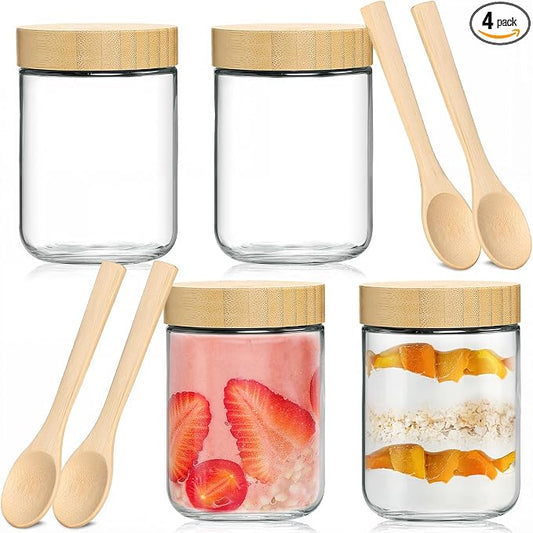 TBWIND 4 Pack 16oz Glass Jars with Bamboo Lids, Spoons, Airtight Overnight Oats Containers, Wide Mouth Mason Jars, Food Storage Container for Yogurt Salad Snacks Spice Sugar Meal Prep – Reusable