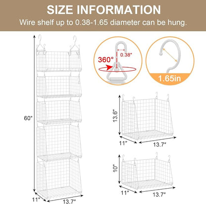 Sonyabecca 5-Tier Hanging Laundry Basket Organizer: Foldable Wire Shelf Basket with 4 Large Hooks 1.65" & 360°Rotating Hooks – Space-Saving Laundry Room Organization for Wardrobe Closet, White Patent