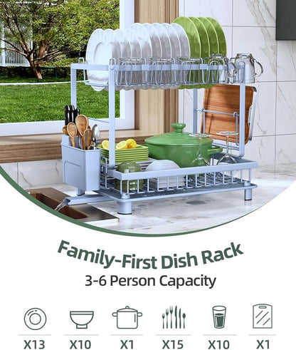 Dish Drying Rack 2-Tier Dish Racks with Drainboard, Rustproof, Space-Saving Dish Rack, Utensil & Cup Holder for Kitchen Counter, Blue