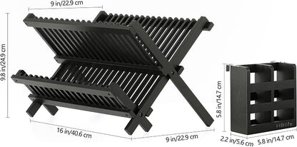 HBlife Dish Rack, Bamboo Folding 2-Tier Collapsible Drainer Dish Drying Rack with Utensils Flatware Holder Set (Dish Rack with Utensil Holder)