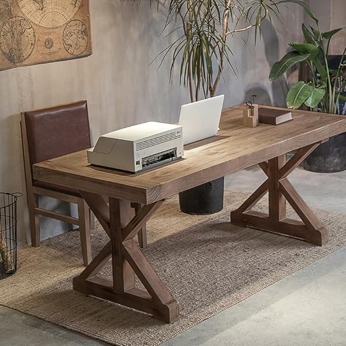 homary 47.2" Solid Wood Executive Desk, Rustic Farmhouse Home Office Desk with X-Trestle Base, Compact Writing & Computer Table for Home Office or Study Room