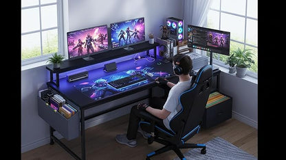 Gaming Desk with Monitor Stand,Computer Desk with LED Lights &Power Outlets,Office Desk with Drawers & Printer Shelf,Writing Table with Side Storage Bag,57" W x 20" D x 36" H,Black Desk