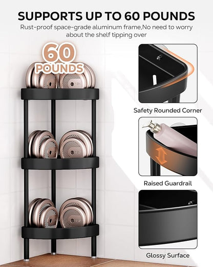 Nieifi Corner Shower Caddy Stand-3 Tier Rustproof Anodized Aluminum Standing Shower Organizer-Shower Caddy Corner-Dual Stability to Anti-Shaking-Height-Adjustable Legs for Uneven Surfaces-Black
