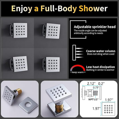 AYIVG Chrome 16 x 26 Inch Ceiling Mount Thermostatic Rainfall Shower System 64 Color LED Control Rainfall Shower Head Handheld With Body Jet Shower Faucet Set Temperature Display Shower System