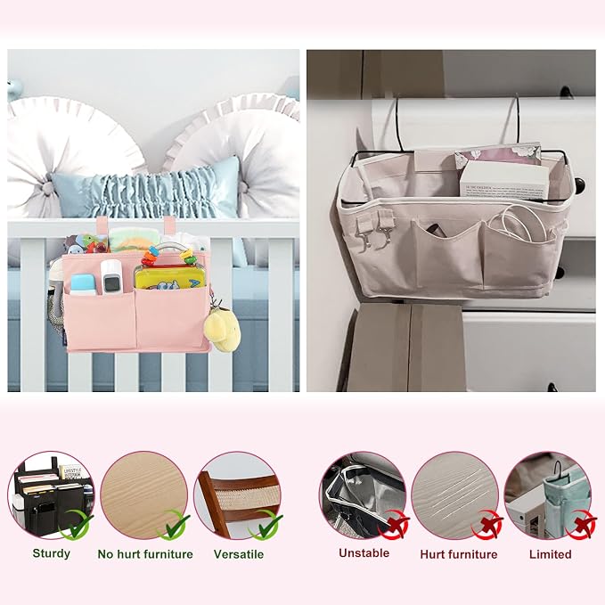 Surblue Bedside Caddy Hanging Bed Organizer Storage Bag Pocket for Bunk and Hospital Beds, College Dorm Rooms Baby Bed Rails, Camp 4 Pockets and 2 Hooks (Small,Light Pink)