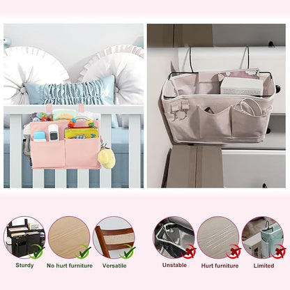 Surblue Bedside Caddy Hanging Bed Organizer Storage Bag Pocket for Bunk and Hospital Beds, College Dorm Rooms Baby Bed Rails, Camp 4 Pockets and 2 Hooks (Small,Light Pink)