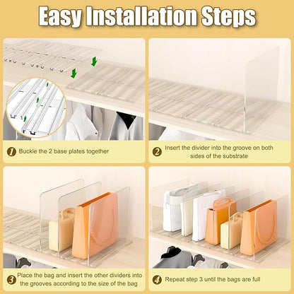 Adjustable Bag & Purse Organizer for Closet, Acrylic Shelf Dividers, Handbag Storage Organizer Clear Purse Dividers for Closet Organization Separators for Handbag, Book in Bedroom, Office