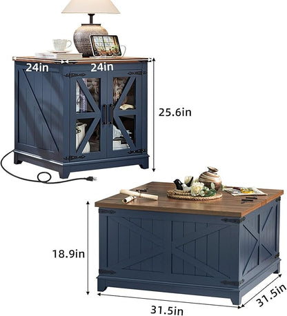 Farmhouse Coffee Table Sets 2 Pieces, Large End Side Tables with Charging Station and Coffee Table with Hidden Storage Compartment, Black Living Room Table Set, Wood Furniture Sets for Home Office