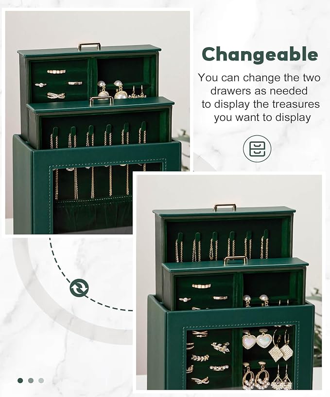 Homde Jewelry Organizer Girls Women Jewelry Box for Necklaces Rings Earrings Gift Bracelets Storage Case (Forest Green + Gold)