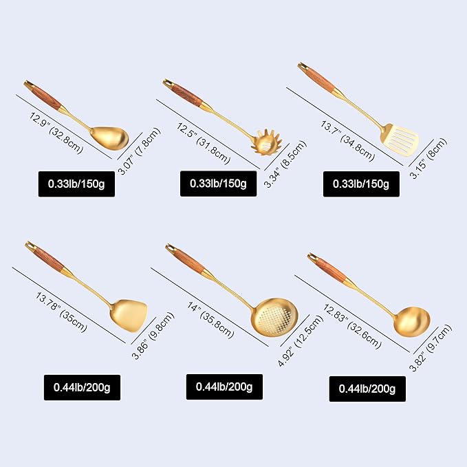 Gold Kitchen Utensils Set with Wooden Handle, 6 PCS Professional 18/10 Stainless Steel Cooking Utensils Set, Wok Spatula, Ladle, Skimmer, Slotted Spatula Turner, Spaghetti Spoon, Large Spoon