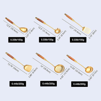 Gold Kitchen Utensils Set with Wooden Handle, 6 PCS Professional 18/10 Stainless Steel Cooking Utensils Set, Wok Spatula, Ladle, Skimmer, Slotted Spatula Turner, Spaghetti Spoon, Large Spoon