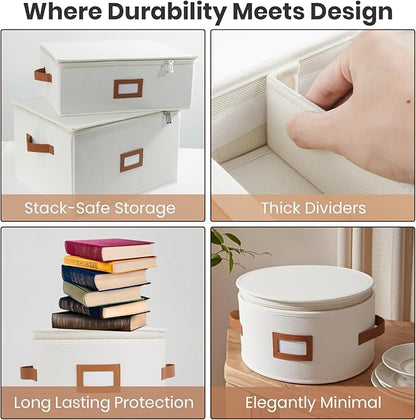 HOMELUX THEORY Flatware Storage Hard Shell China Storage Containers - Ivory Silverware Organizer, Cutlery & Silverware Storage Box with 5 Dividers & Lid, Packing Heavy Duty Moving Box with Handles