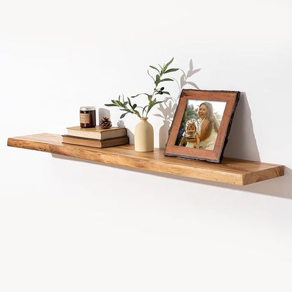 fuqing Live Edge Floating Shelves for Wall 55 Inch - Solid Elm Wood Floating Shelves Wall Mounted - 9 Inch Deep Rustic Natural Wooden Wall Shelves with Heavy Duty Brackets and Anchors