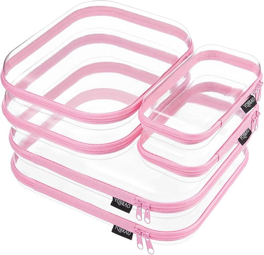 YQBRAO 6 Pack Soft Pink Clear Hard Shell Zipper Case, 1.2mm Crush-Proof Makeup Bag & Skincare Organizer, Heavy Duty Travel Pouches for Toiletries, Art Supplies & Daily Carry (2L+2M+2S)