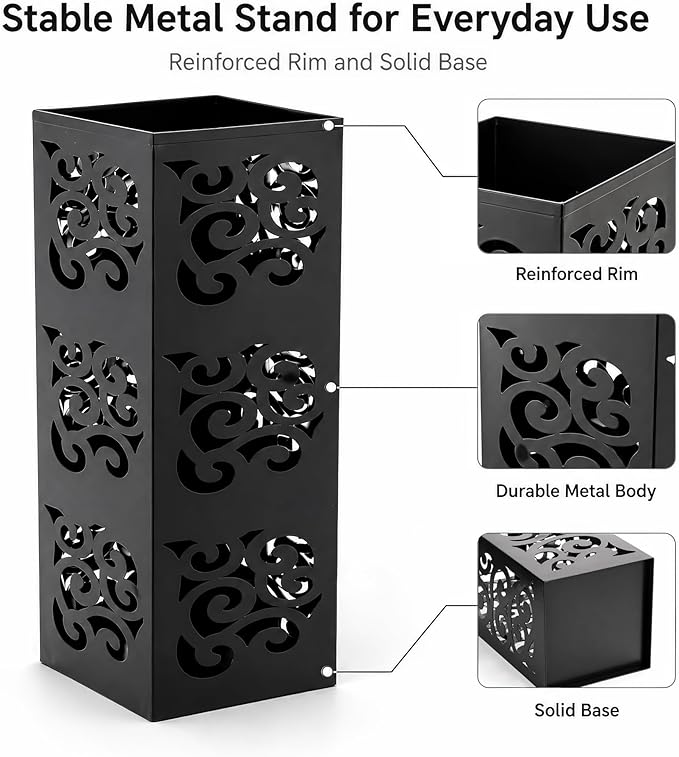 Kingrol Metal Umbrella Holder for Entryway, Square Black Umbrella Stand with Hollow Design, Freestanding Umbrella Rack for Umbrellas, Canes and Walking Sticks, 6 x 6 x 15.75 Inch