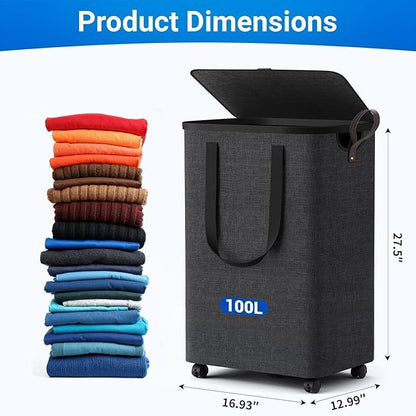 Laundry Basket with 5 Wheels, Tall Dirty Laundry Hamper, Rolling Laundry Basket with Lid, Large 100L Collapsible Clothes Hamper for Laundry Room Bedroom Bathroom Dorm, Deep Gray