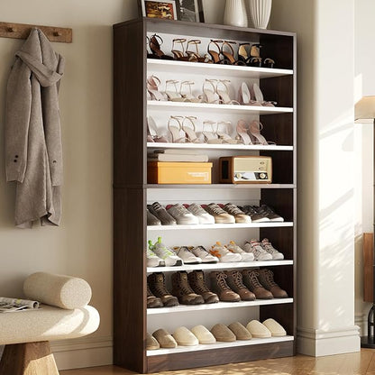 Homieasy Tall Shoe Cabinet, 9-Tier Wood Shoe Rack Organizer Cabinet for Closet, Freestanding Shoe Storage Cabinet with Adjustable Shelves for Entryway, Bedroom, Dark Walnut & White