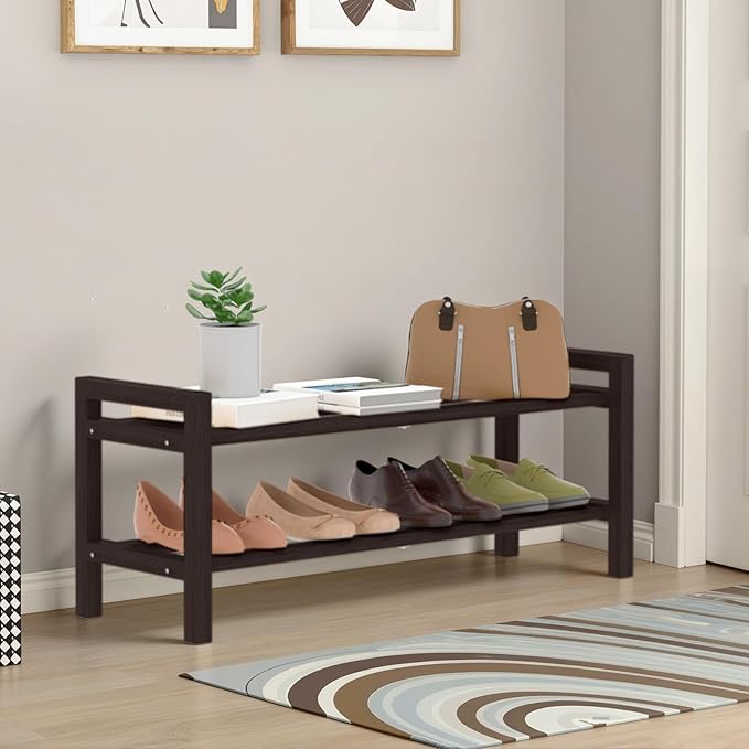 Haddockway Bamboo Shoe Rack for Closet, Free Standing Shoe Organizer with Smooth Round Rods & Convenient Handles, Stackable Shoe Storage Shelf for Entryway, Hallway(Brown, 2-Tier)