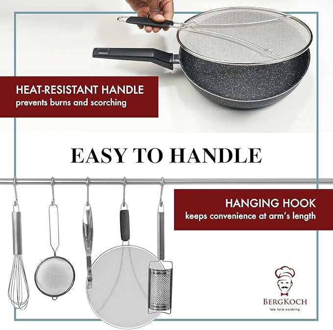 BergKoch Splatter Screen for Frying Pan - 9.5/11.5/13 Inch Stainless Steel Grease Splatter Guard (Set of 3) - Cover Oil Splash when Sizzling Bacon, Cooking Fried Chicken or Popcorn