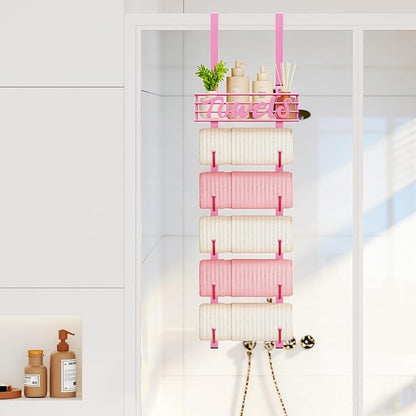 SWTYMIKI Hanging Towel Racks for Bathroom - 9 Tier Over the Door & Wall Mounted Bath Rolled Towel Storage for Women Girl, Door Towel Organizer Holder for Small Bathroom, RV, Camper