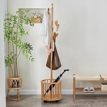 Wood Coat Rack with Umbrella Holder - Wooden Coat Tree Rack Freestanding Heavy Duty Stand with 12 Hooks, Rolling Hat Hanger Racks with Wheels for Bedroom Entryway Hallway Livingroom Corner (Natural)