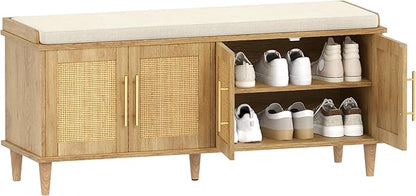 Rattan Shoe Storage Bench with Cushion, 2-Tier Entryway Bench with Adjustable Shelves and 4 Doors, 15" D x 47.2" W x 20" H, Solid Wood Legs, for Hallway, Living Room, Bedroom, Natural Oak