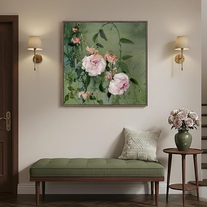 Framed Vintage Floral Square Wall Art, Pink and Green Retro Botanical Watercolor Flower Canvas Painting Prints, French Country Cottage Core Elegant Peony Artwork for Bedroom Living Room Office, 24x24