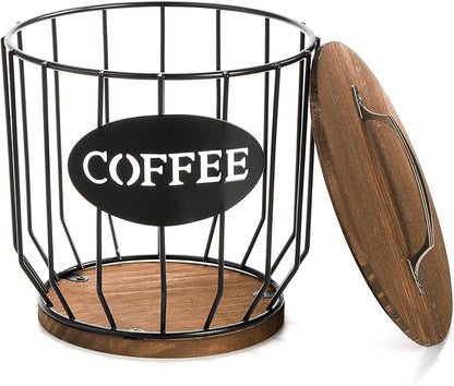 yarlung Coffee Pod Holder with Lid, Large Capacity K Cup Holder with Rustic Wooden Base, Black Wire Coffee Storage Basket for Kitchen Countertop, Cafe Bar Organizer