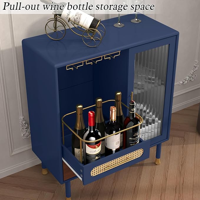 ARTPOWER Modern Coffee Bar Cabinet with Wine Glass Rack and Drawers, Blue Liquor Cabinet with Pull-Out Wine Storage for Kitchen, Dining Room, Living Room