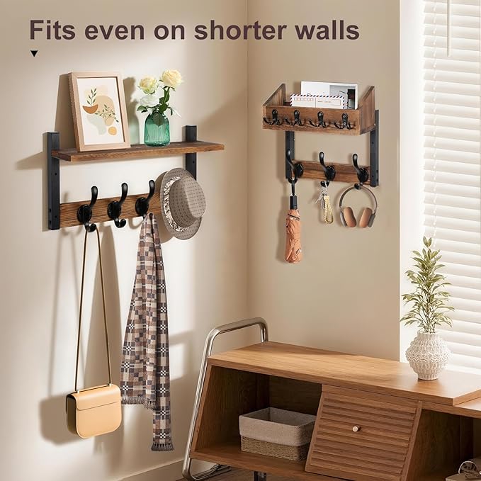 29" Coat Rack Wall Mount with Shelf, 4 in 1 Wood Entryway Shelf with 11 Metal Hooks for Clothes Key Hat Backpack, Wall Hanger for Living Room Bedroom Bathroom