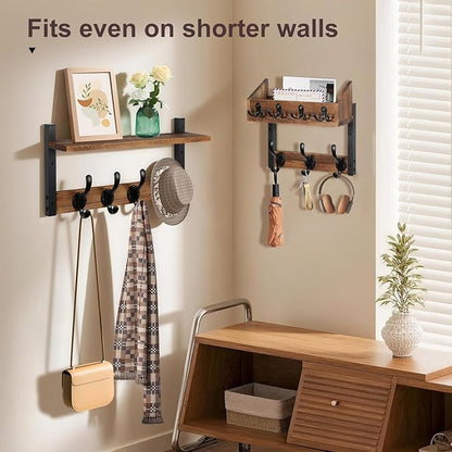 29" Coat Rack Wall Mount with Shelf, 4 in 1 Wood Entryway Shelf with 11 Metal Hooks for Clothes Key Hat Backpack, Wall Hanger for Living Room Bedroom Bathroom
