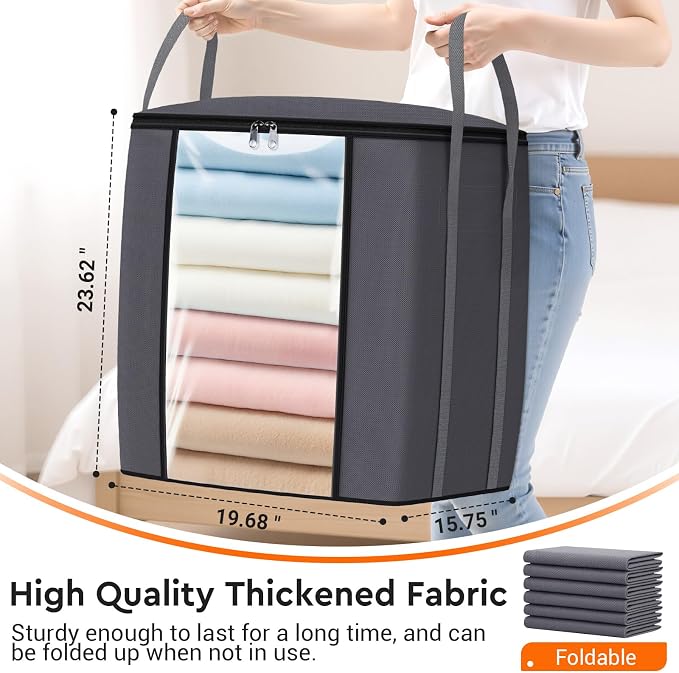 TasticTotes 120L Extra Large Clothes Storage Bags, Foldable Blanket Storage and Organization, Thick Fabric Containers with Reinforced Handles & Zippers for Clothing, Comforters, Bedding, Gray, 4 Pack
