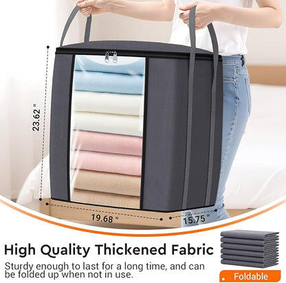 TasticTotes 120L Extra Large Clothes Storage Bags, Foldable Blanket Storage and Organization, Thick Fabric Containers with Reinforced Handles & Zippers for Clothing, Comforters, Bedding, Gray, 1 Pack