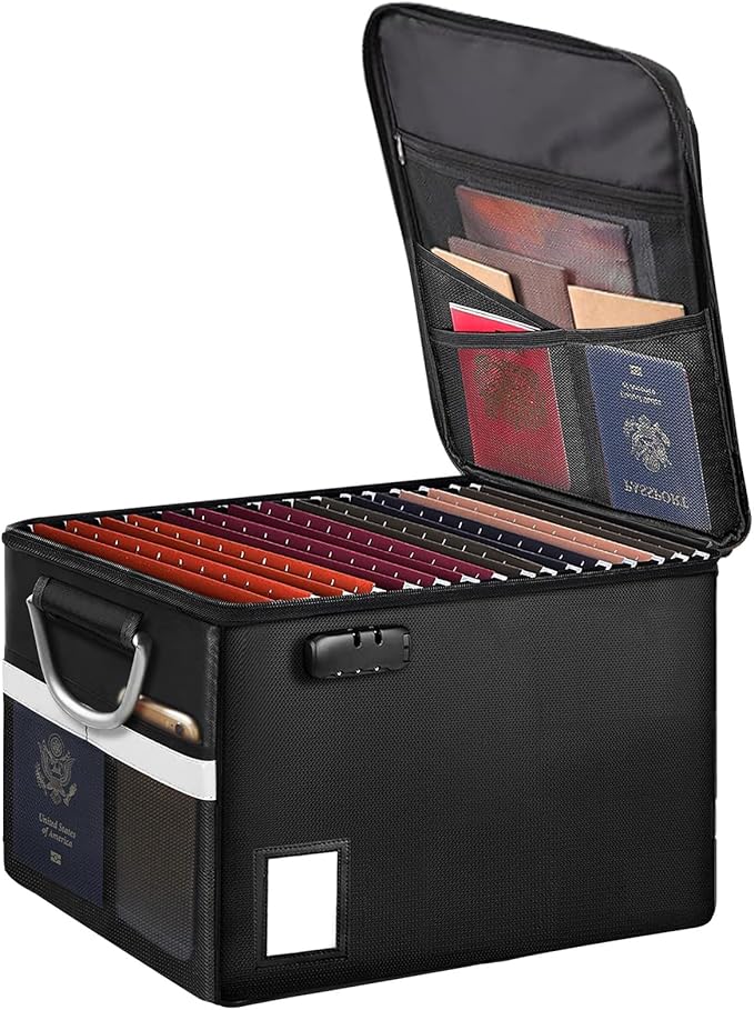 TOMKID Fireproof Document Box, Fireproof File Organizer Box with Lock, Portable File Folder Organizer with Handle for Hanging Letter/Legal Folder 16.1 x 12.9 x 11in