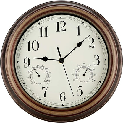 Rsobl 12 Inch Indoor Outdoor Wall Clock Waterproof with Temperature and Humidity Combo,Battery Operated Non Ticking Silent Clock Wall Decorative