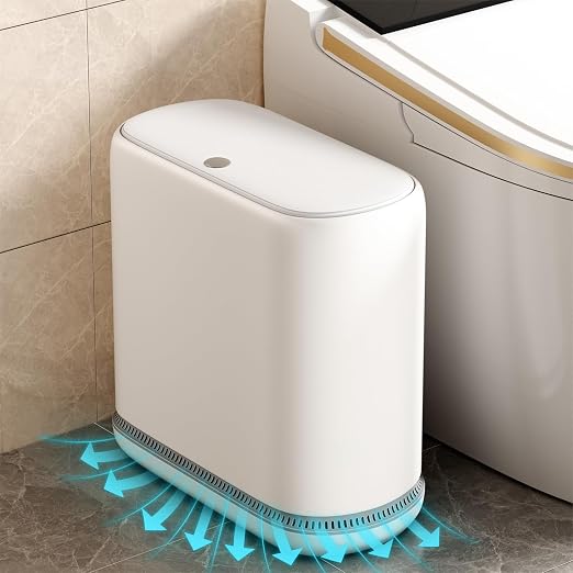 Small Bathroom Trash Can with Lid, 3 Gallon Slim Garbage Bin with Pop-Up Lid & Air-Pressure Bag Lock, Mini Waste Basket for Bathroom, Bedroom, Kitchen, Office, Rv, White - Includes 75 Bags (5 Rolls)