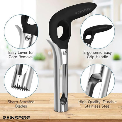 Upgraded Handle Premium Apple Corer Tool, Ultra Sharp, 304 Stainless Steel, Dishwasher Safe, Serrated Blades for Easy Coring, Black
